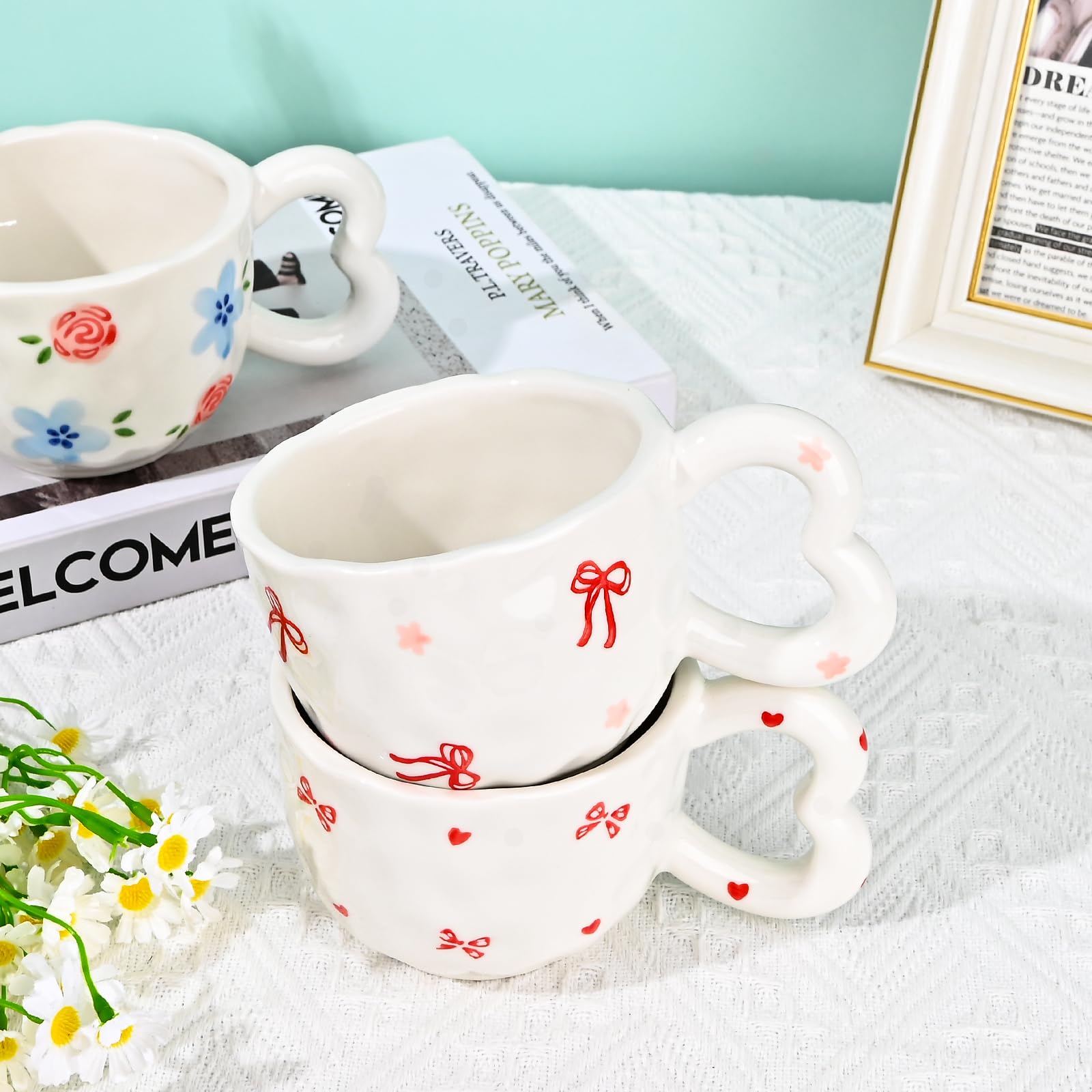 Ribbon Bow Ceramic Mug, Cute Creative Heart Handle Mug Design, 10.5 oz/300 ml