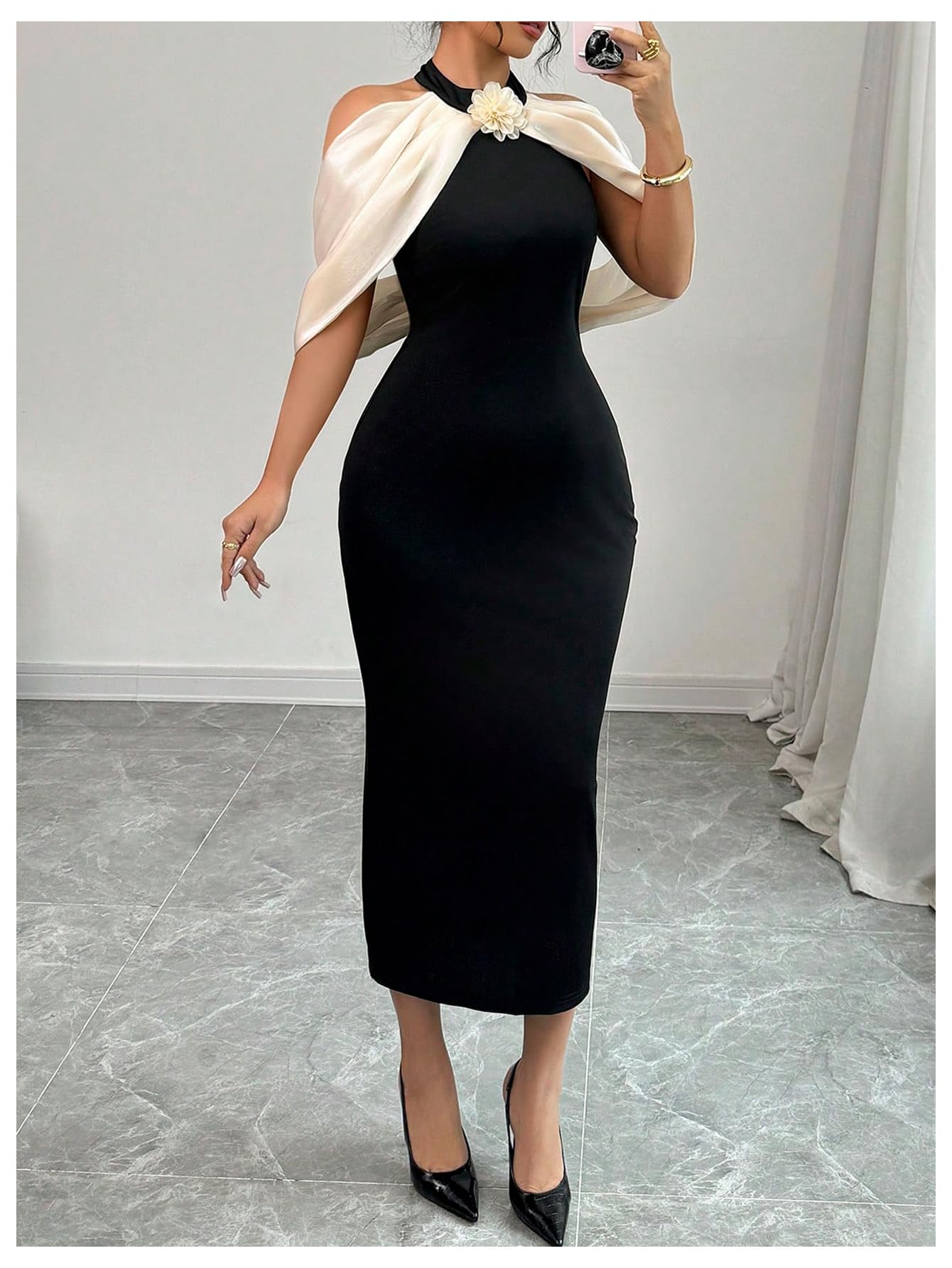 Women's 3D Floral Halter Dress Elegant Color Block Cold Shoulder Backless Bodycon Dresses