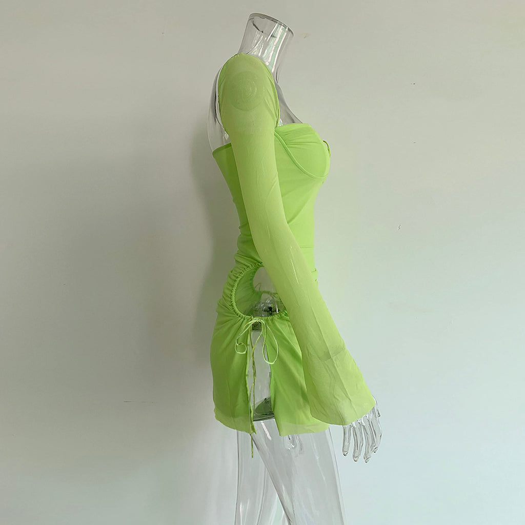 Women Long Puff Sleeve Mini Bodycon Split Hem Mesh Dress Party Dress