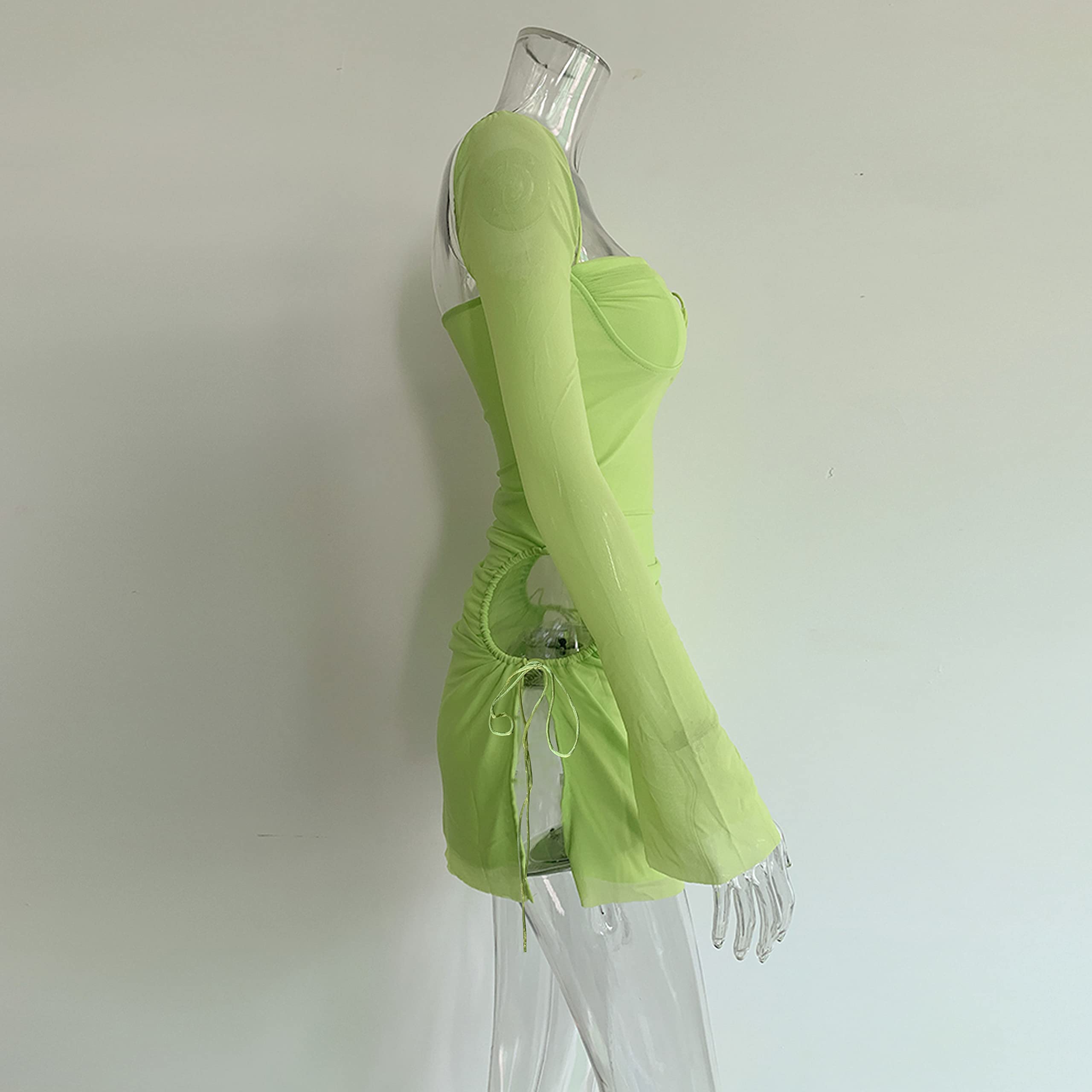 Women Long Puff Sleeve Mini Bodycon Split Hem Mesh Dress Party Dress