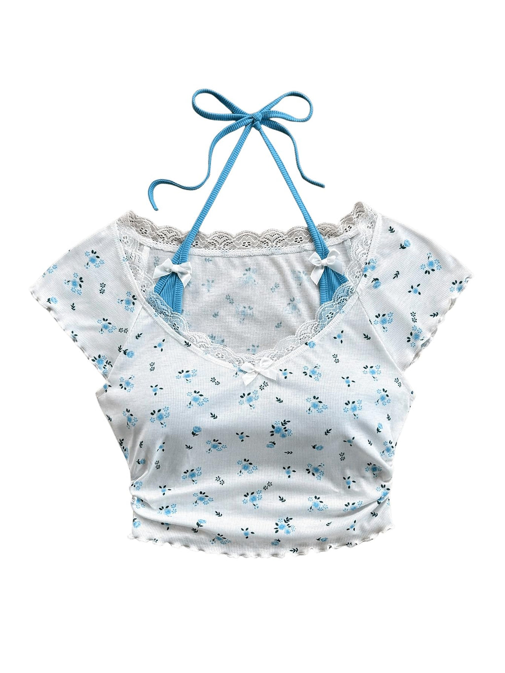 Women's Contrast Lace Halter Neck Lettuce Trim Casual Crop Tee Tops