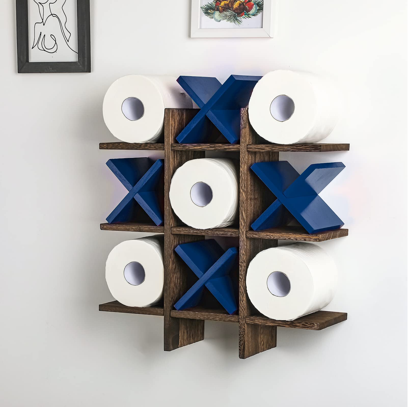 Tic Tac Toe Toilet Paper Holder Stand Bathroom Wall Decor Rustic Wooden Hanging Storage Freestanding Wall Mounted Shelves Decor