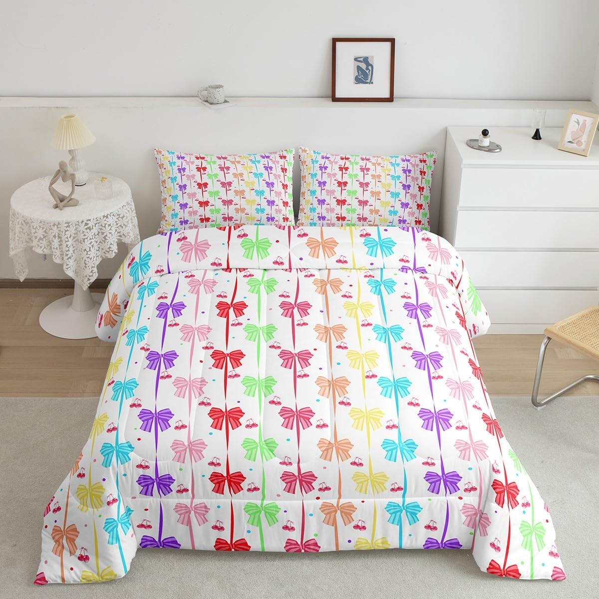 Floral Bowknot Comforter Set,Pink Bow Tie Print Bedding Set Cute Bow Flower Comforter Princess Style Bed Set for All Season