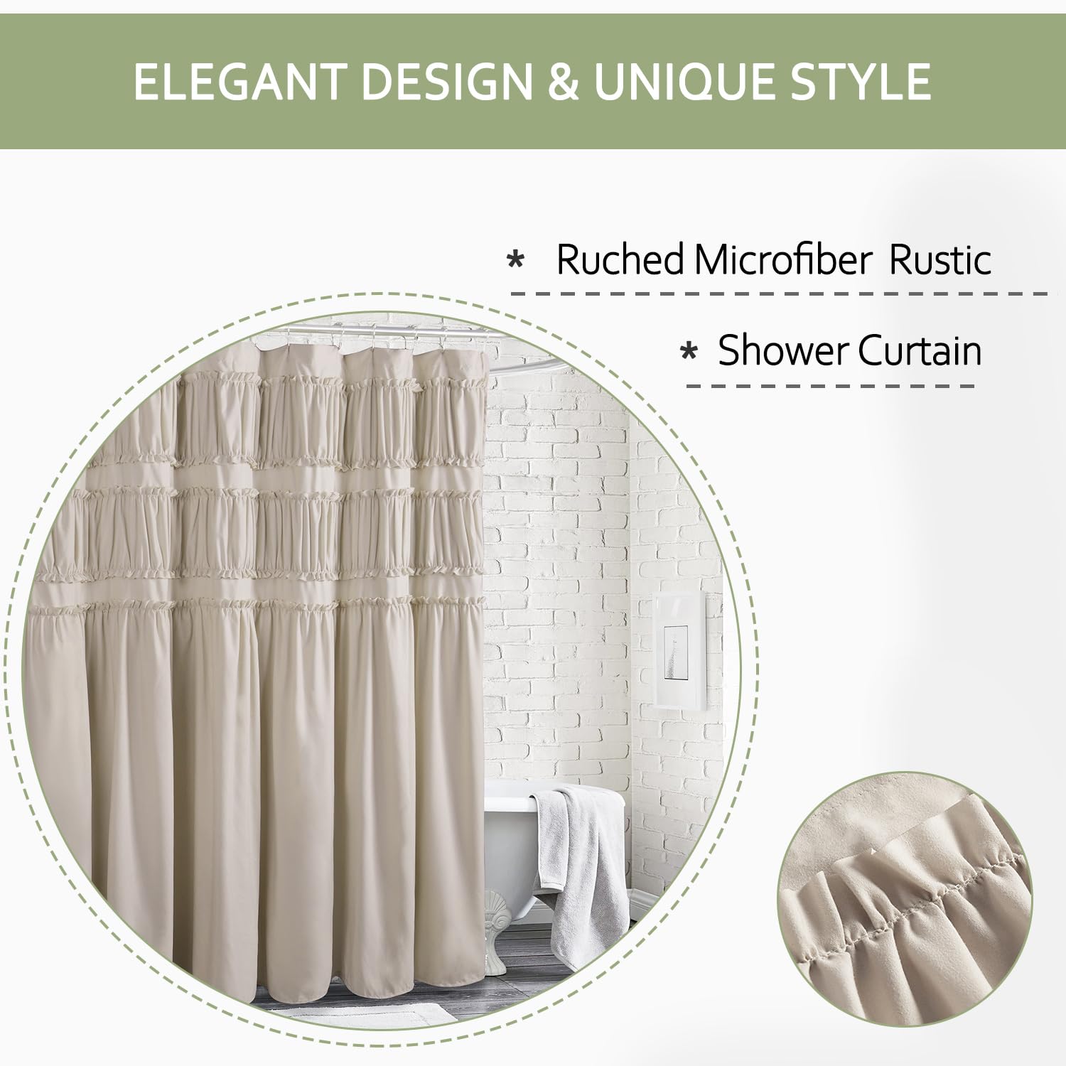 Ruched Ruffled Shower Curtain 72" W x 72" H, Microfiber Rustic Decorative Bath Curtain Boho Décor