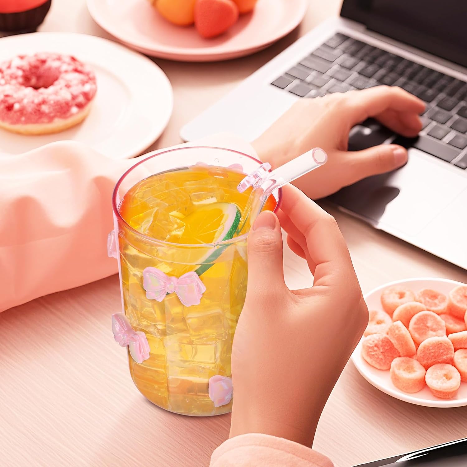 Set of 2 Coquette Aesthetic Bow Glass Cups with Straws 20 oz Reusable Pink Bow Glass Tumbler