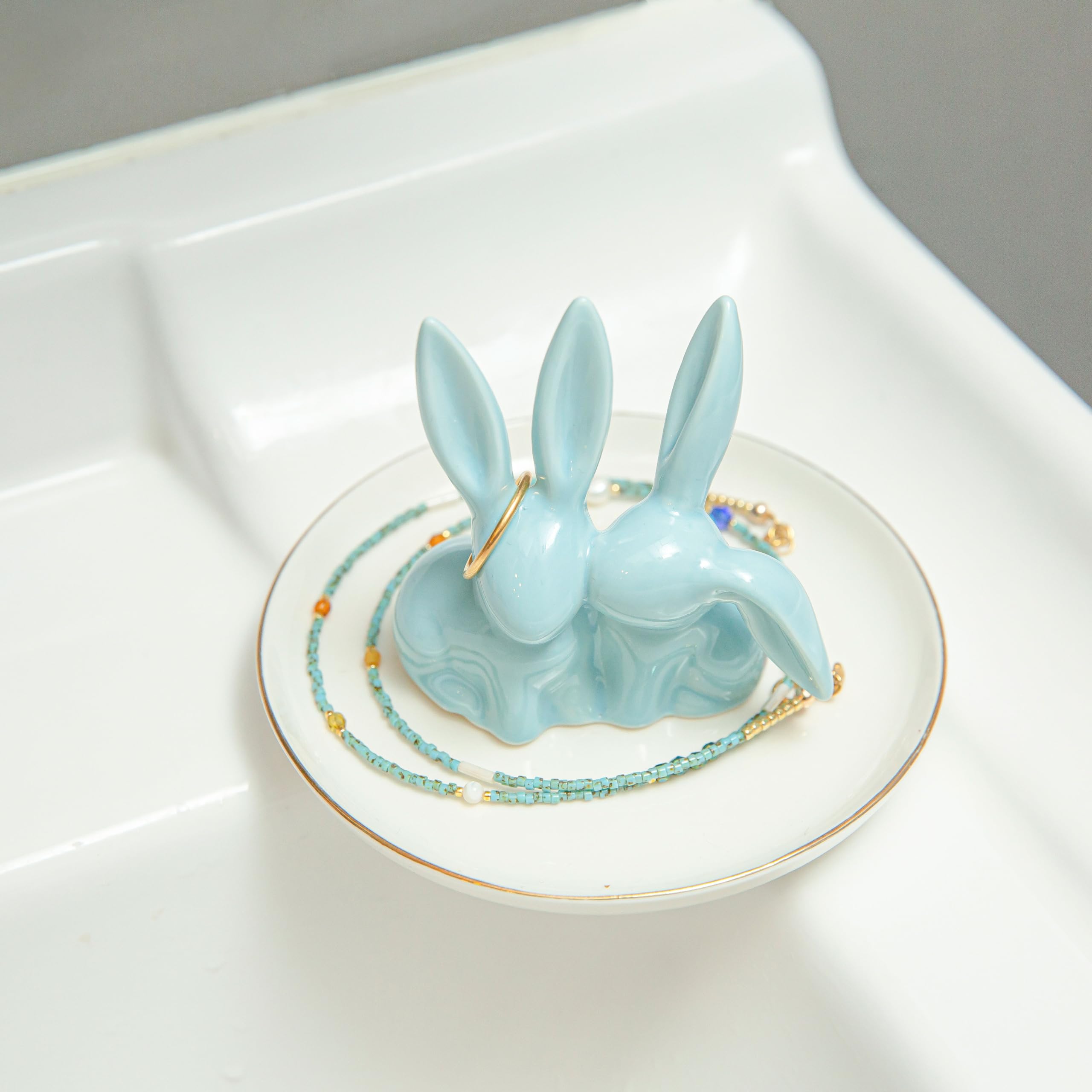 Ceramic Bunny Ring Holder - Rabbit Ring Dish Jewelry Holder Dish Trinket tray for Rings Earrings Necklace Organizer