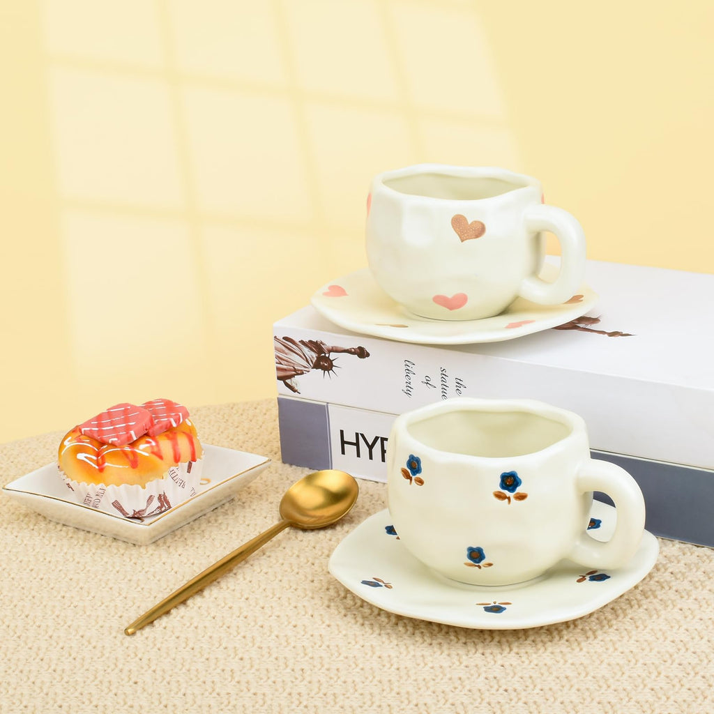 Ceramic Coffee Mug with Saucer Set, Cute Creative Cup Unique Irregular Design, 10 oz/300 ml