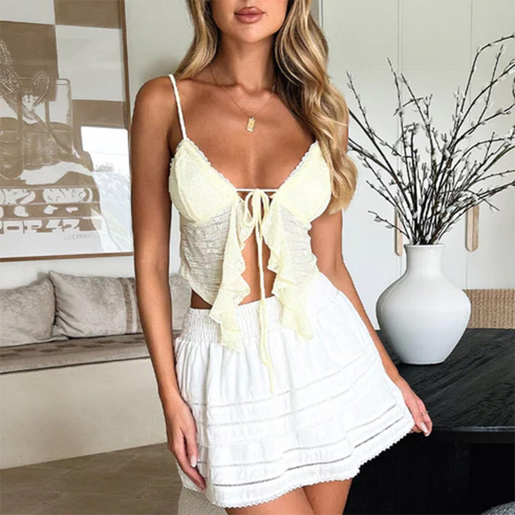 Women's Sexy Lace Up Padded Camisoles Spaghetti Straps V-Neck Ruffle Crop Tops Y2K Cami Shirt Streetwear