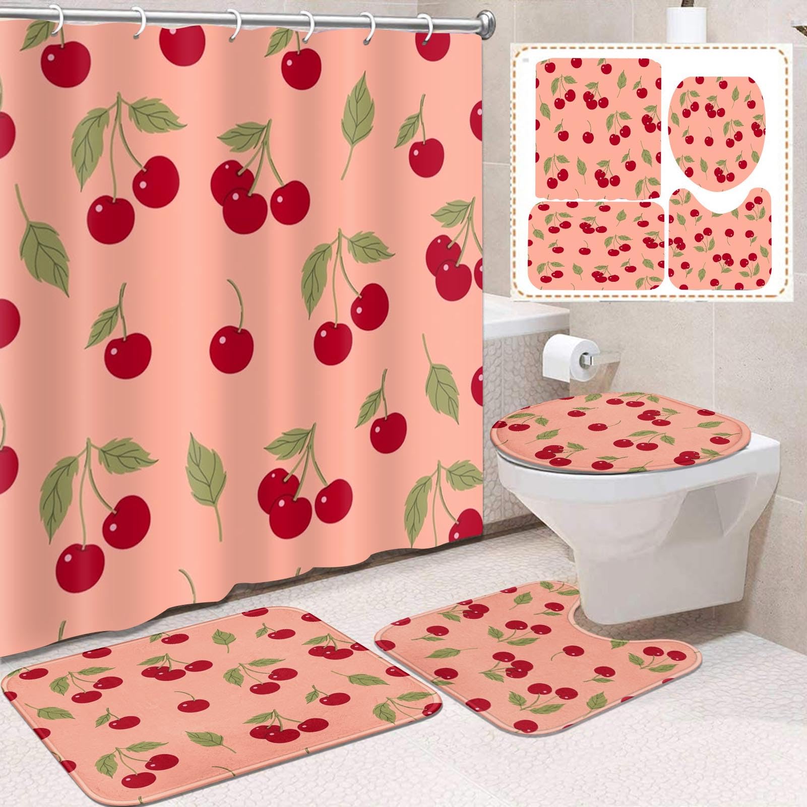 Vintage 4 Pcs Bathroom Sets with Shower Curtain and Rugs, Shower Curtain Sets for Bathroom Decor with 12 Hooks