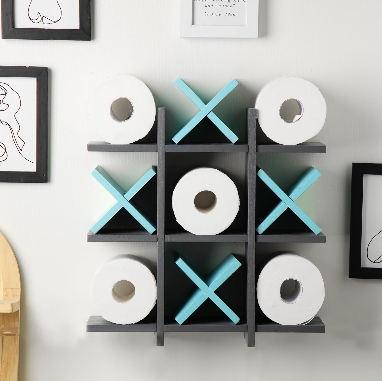 Tic Tac Toe Toilet Paper Holder Stand Bathroom Wall Decor Rustic Wooden Hanging Storage Freestanding Wall Mounted Shelves Decor