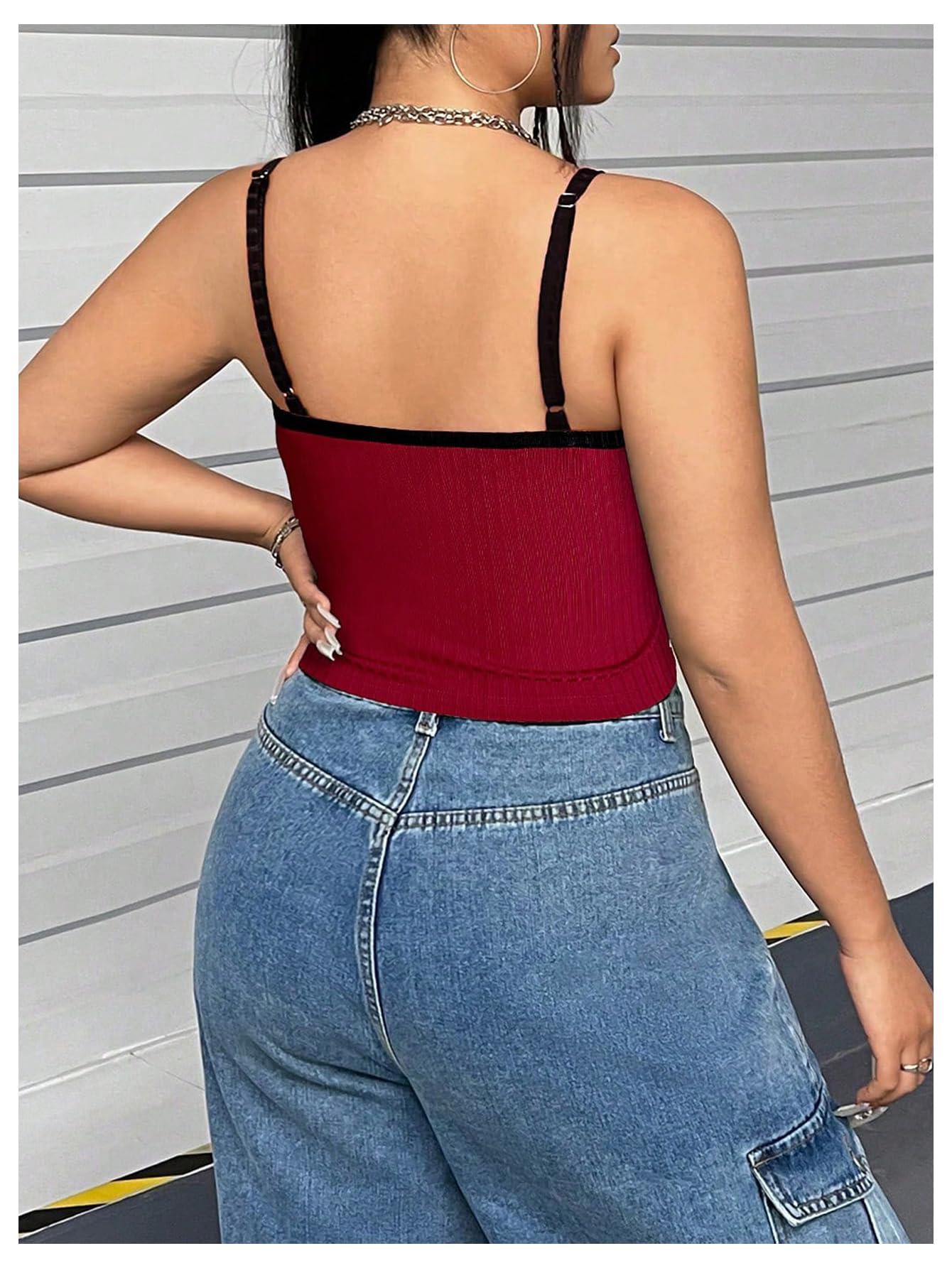 Women's Plus Size Cami Crop Tops Contrast Mesh Spaghetti Strap Summer Top