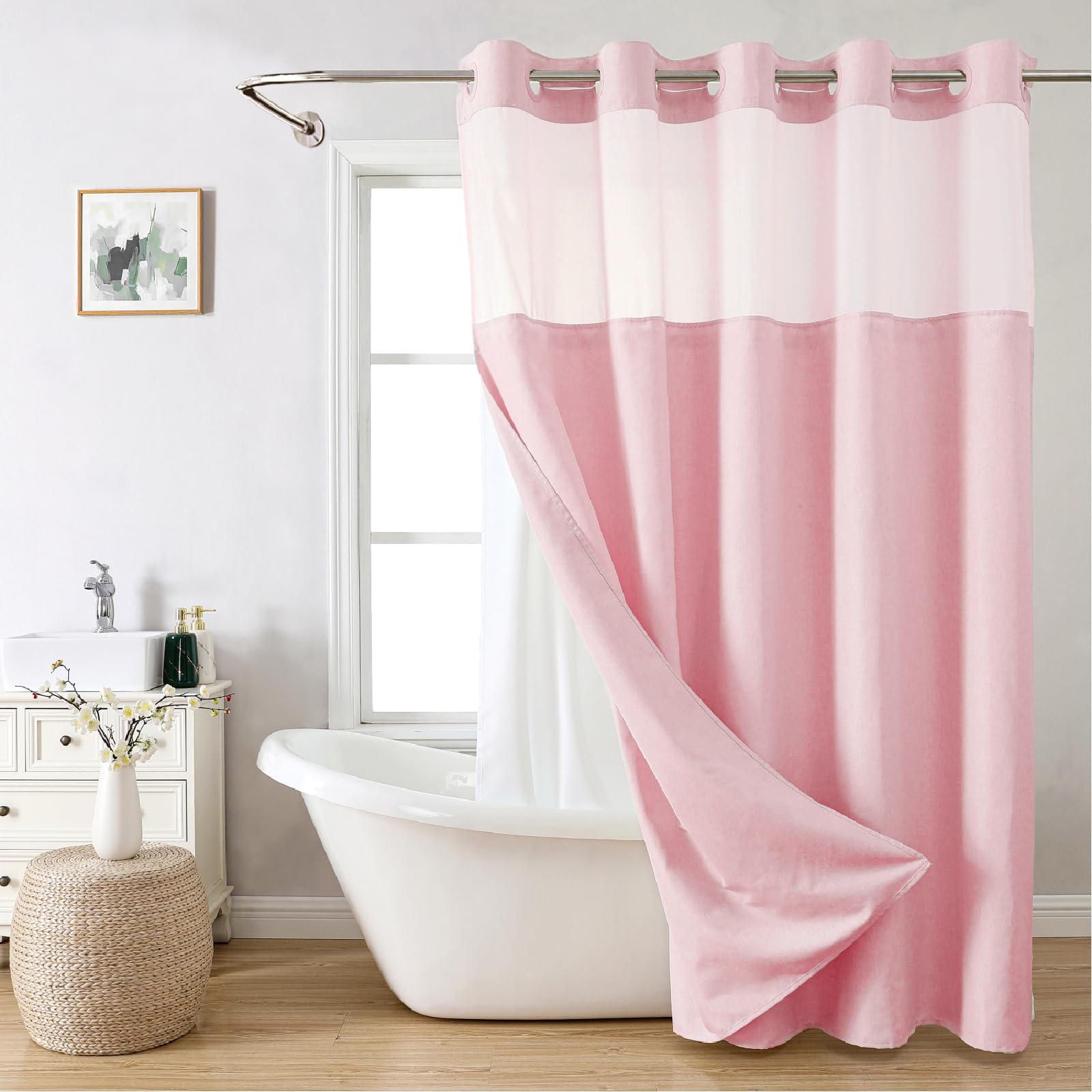 No Hooks Needed Linen Textured Shower Curtain with Snap-in Fabric Liner Set, Luxury Decor Shower Curtains for Bathroom with Mesh Top Window, Waterproof & Washable