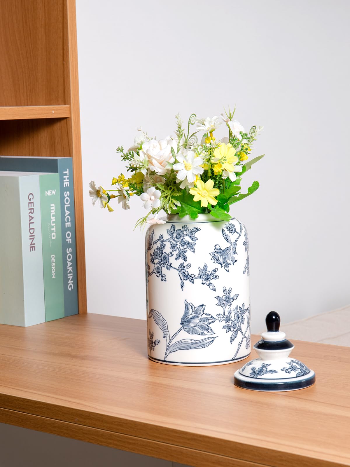 Chinoiserie Blue and White Jar Vase Decor, Ceramic Decorative Jars with Lid, 12x6 Inch, Flowers and Branches