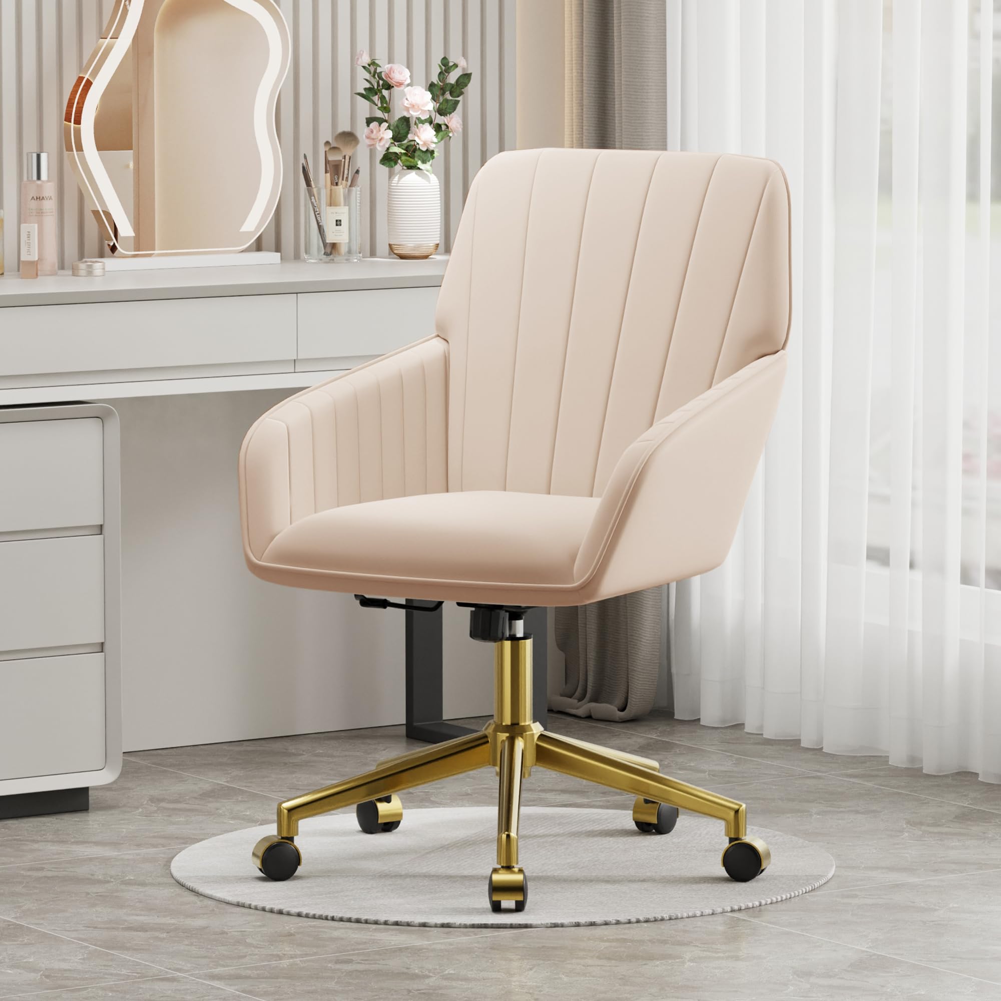 Velvet Modern Cute Chair with Back, Height Adjustable Upholstered Vanity Chair with Swivel Wheels