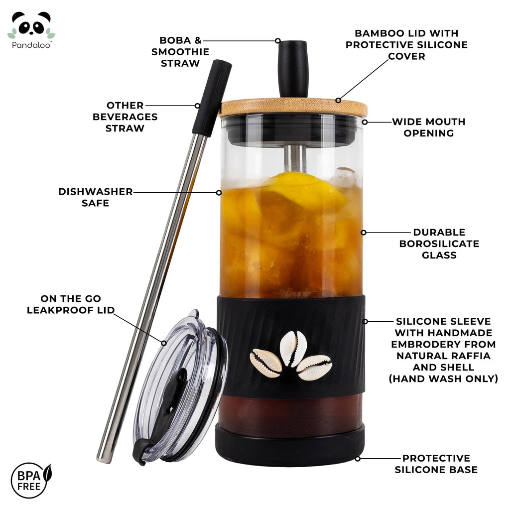 Pandaloo® Glass Cups With Lids and Straws -20 Fl Oz- Perfect Size Iced Coffee Cup - Smoothie Cup With Bamboo Lid and On the go Lid - Glass Tumbler With Straw