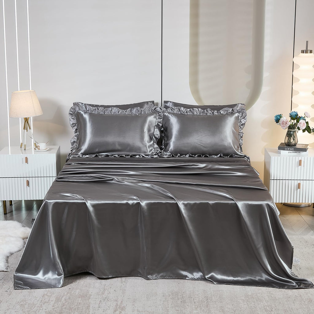 Ruffle Comforter Set 8 Pieces Satin Comforter Set with Sheet Set - Waterfall Ruffle Design Luxurious Silky Comforter Set