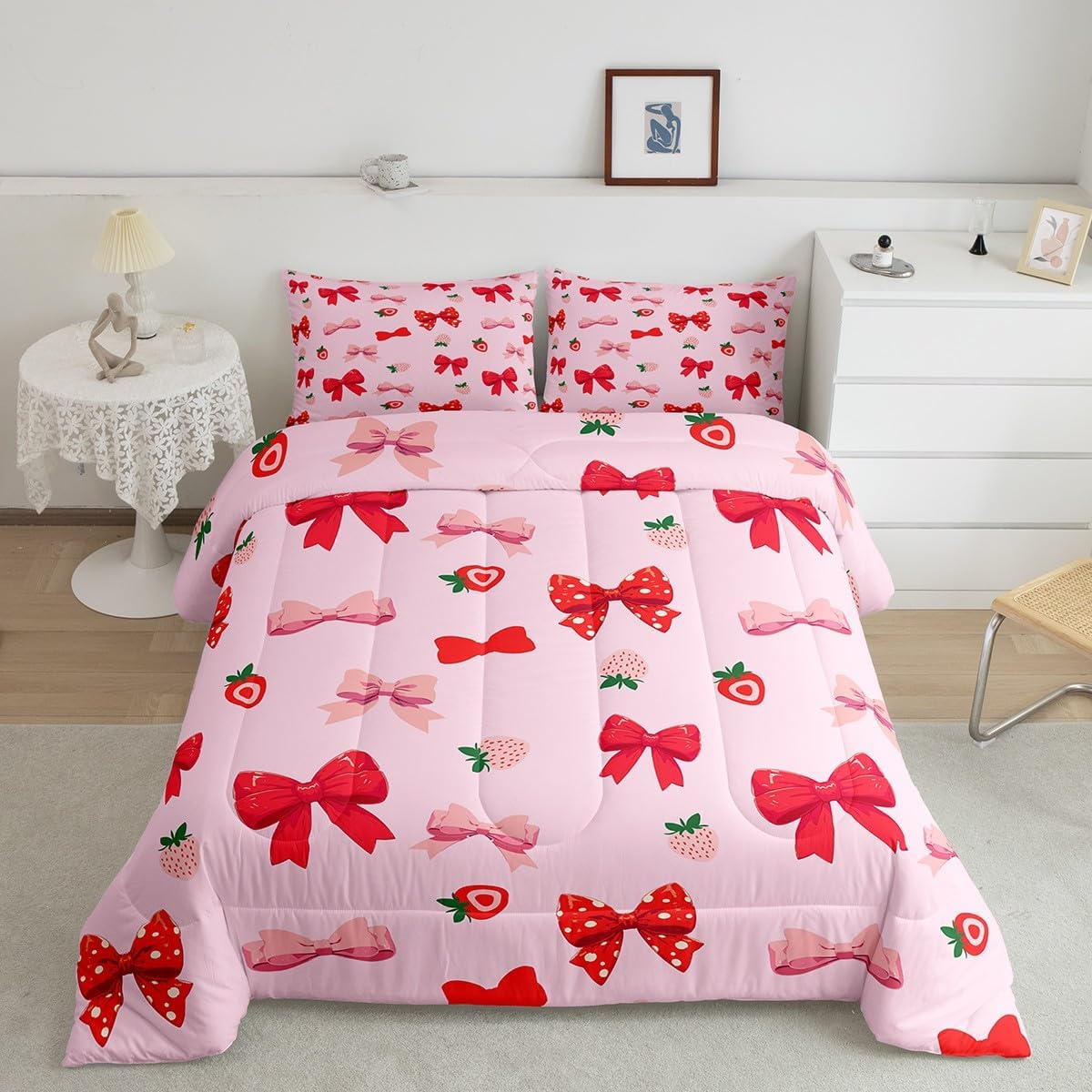Floral Bowknot Comforter Set,Pink Bow Tie Print Bedding Set Cute Bow Flower Comforter Princess Style Bed Set for All Season