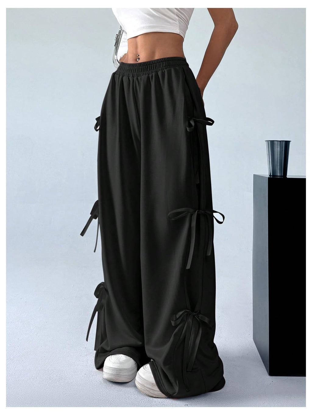 Women's Bow Wide Leg Sweatpants Elastic Waist Casual Baggy Pants with Pocket