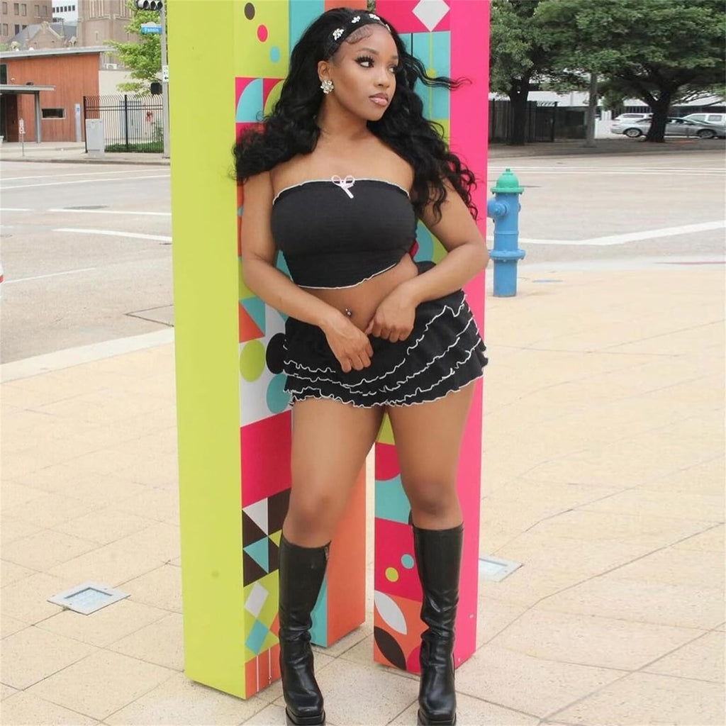 Women 2 Piece Skirt Sets Sexy Ruffle Ruched Tube Crop Tops Layer Pleated Flowy Mini Skort Skirts Y2K Clothes