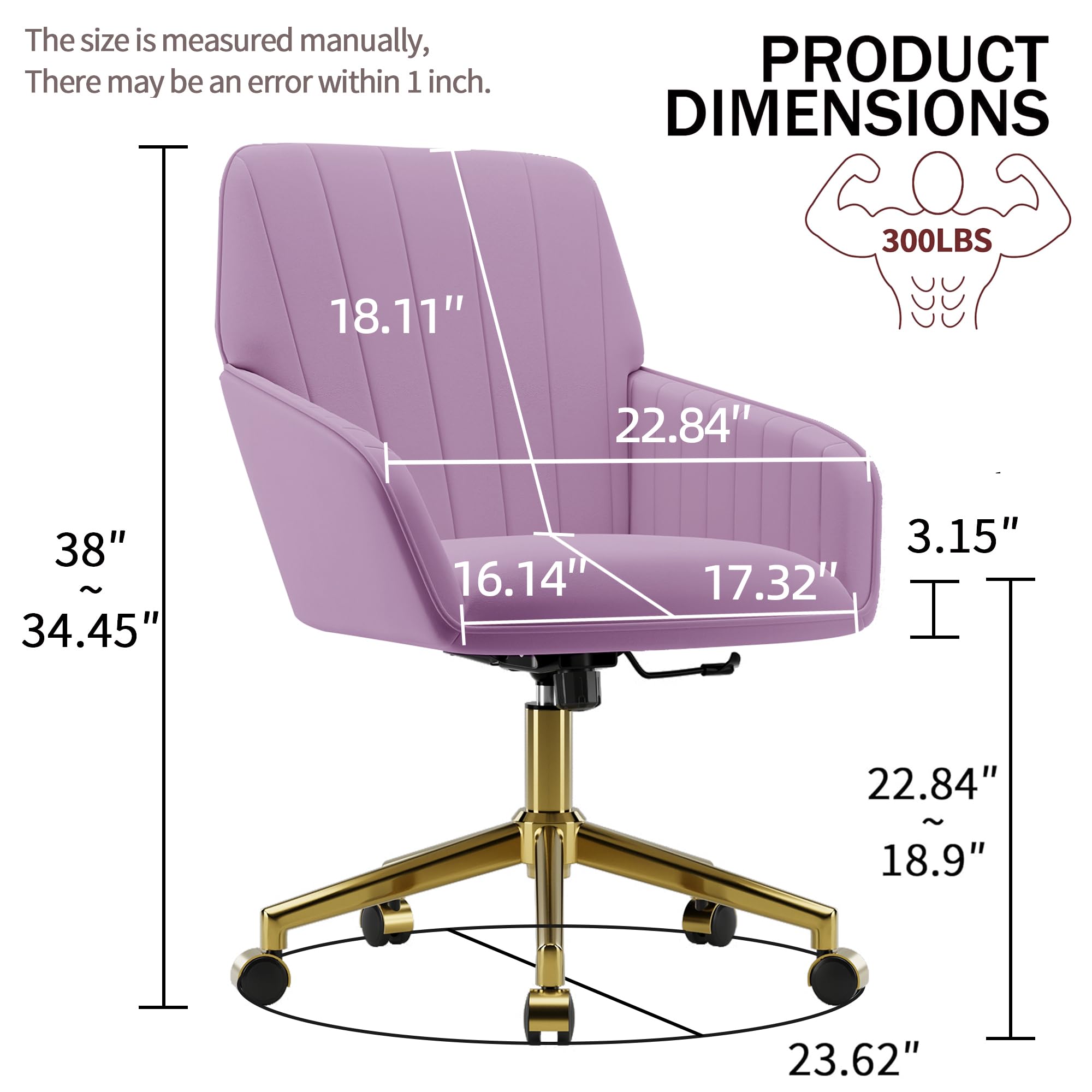 Velvet Modern Cute Chair with Back, Height Adjustable Upholstered Vanity Chair with Swivel Wheels
