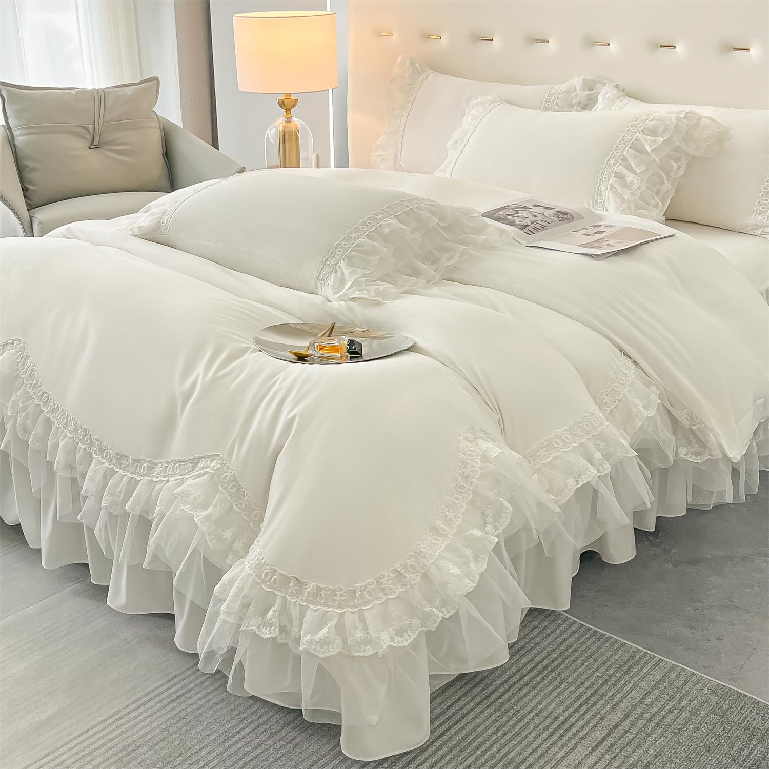 Chic Ruffle Lace Polyester Duvet Cover Set -Bedding-2 Piece Duvet Cover with Zipper Closure -Ultra Soft and Light Weight