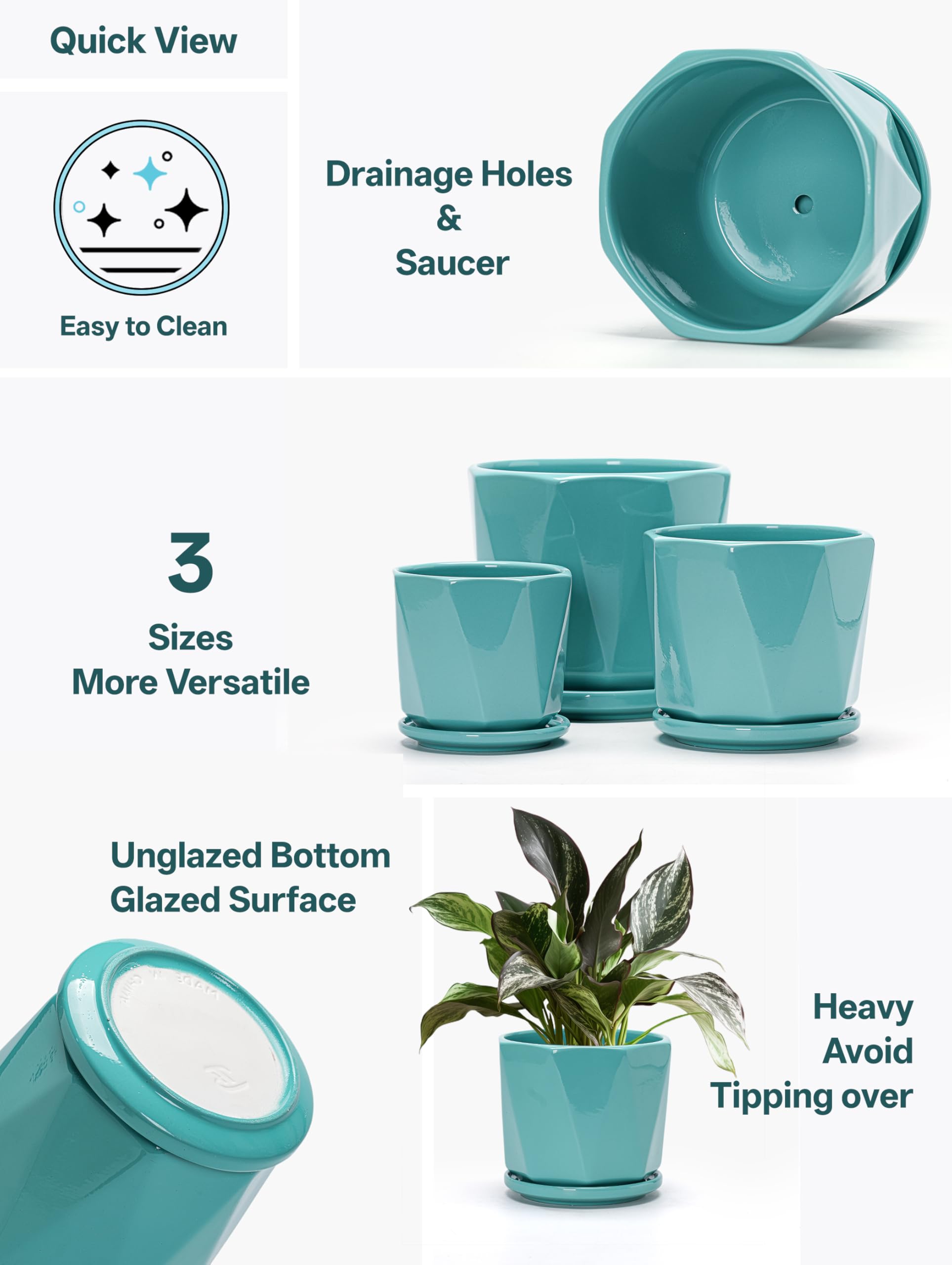 Ceramic Plant Pots Indoor, 8.6+7.1+5.5 Inch Planters with Drainage Holes and Saucers Set of 3 Large Flower Pots