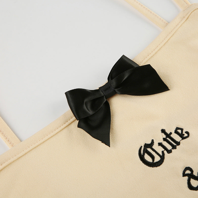 Hottie Bow Stitching Letter Embroidered Strap Slim Top