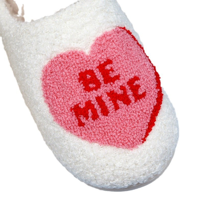Women's Love Heart Cotton Slippers â€?Non-Slip Plush Indoor Slides