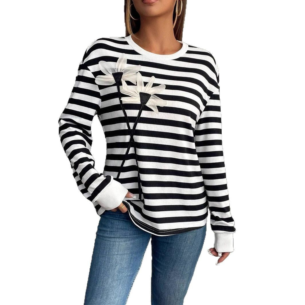 Long Sleeve Crew Neck Striped Floral Sweatshirt