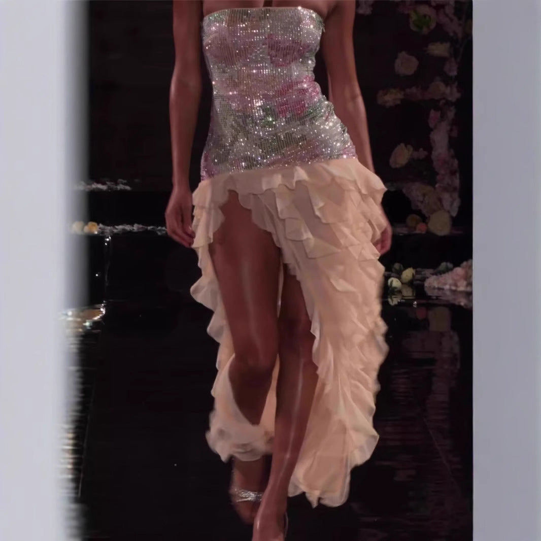 Ruffled Retro Irregular Mesh Dress