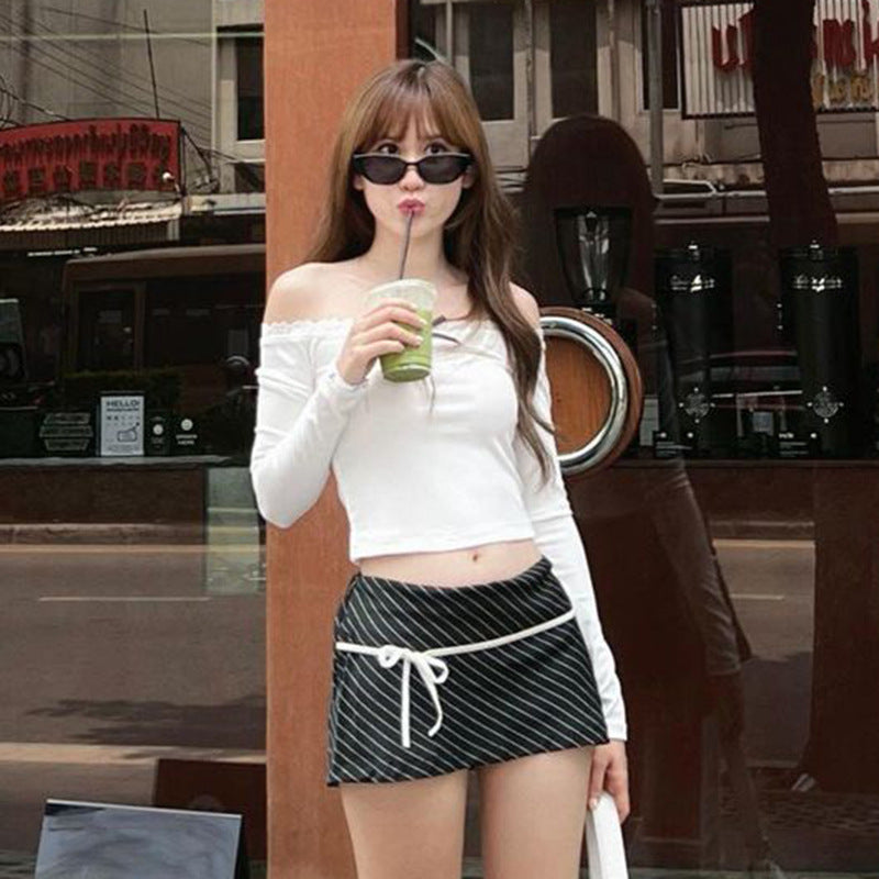 Off-shoulder Lace Edge Long-sleeved Top Ins Pure Desire Style Fashion Short Bow T-shirt For Women
