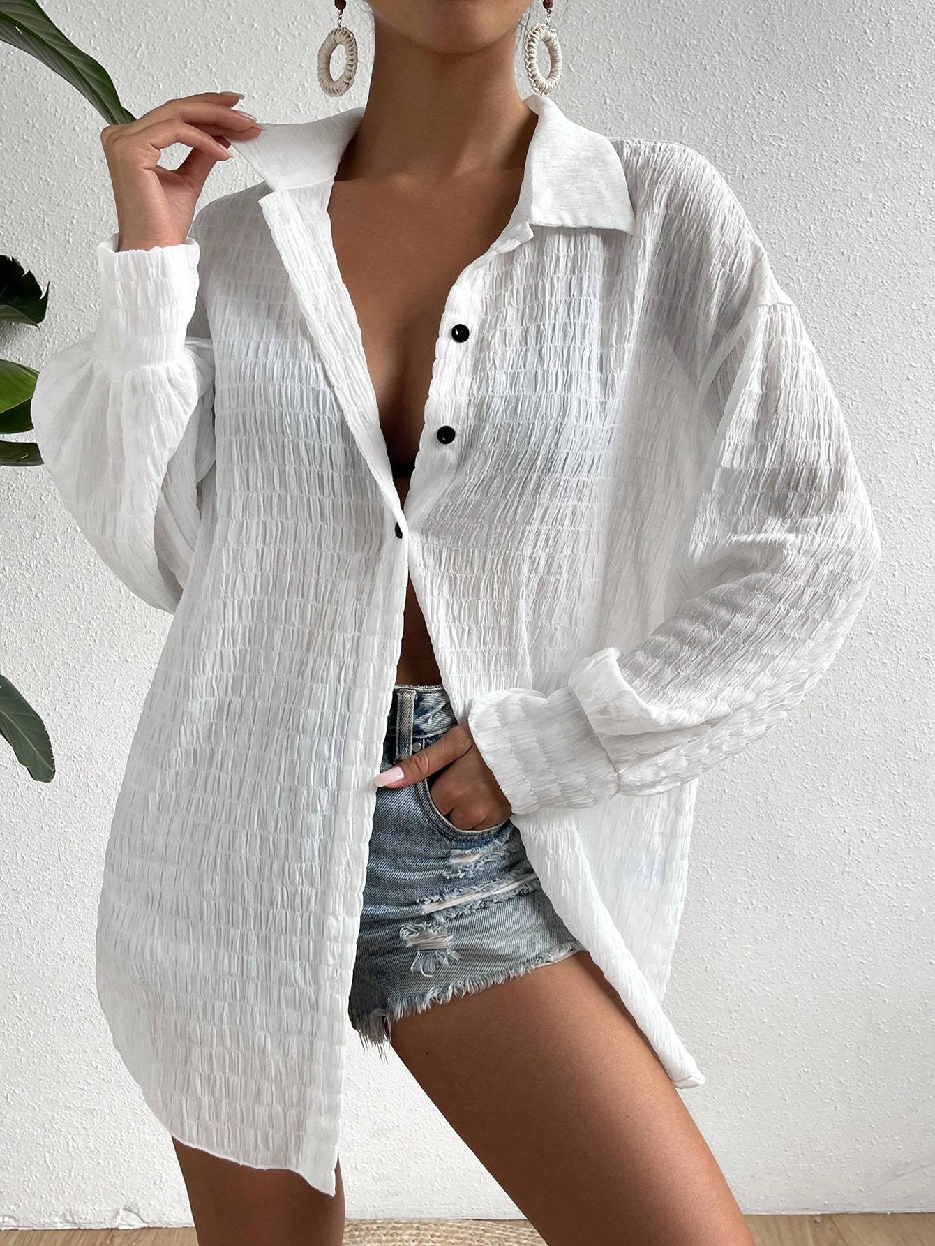 Drop Shoulder Button Front Kimono,Long Sleeve Tops