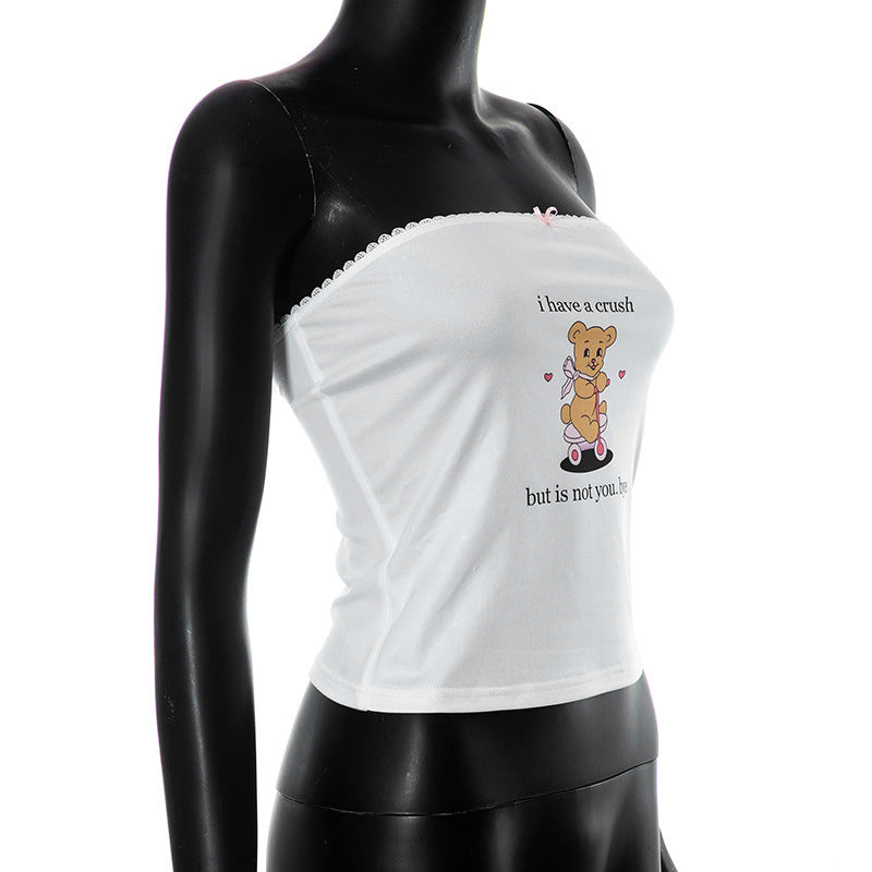 Women's Cute Fashion Bear Letter Print Bow Lace-collared Blouse