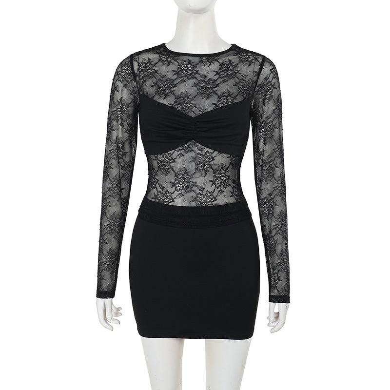 Women's Elegant Slim Lace Smock Top Mid-length Dress Set