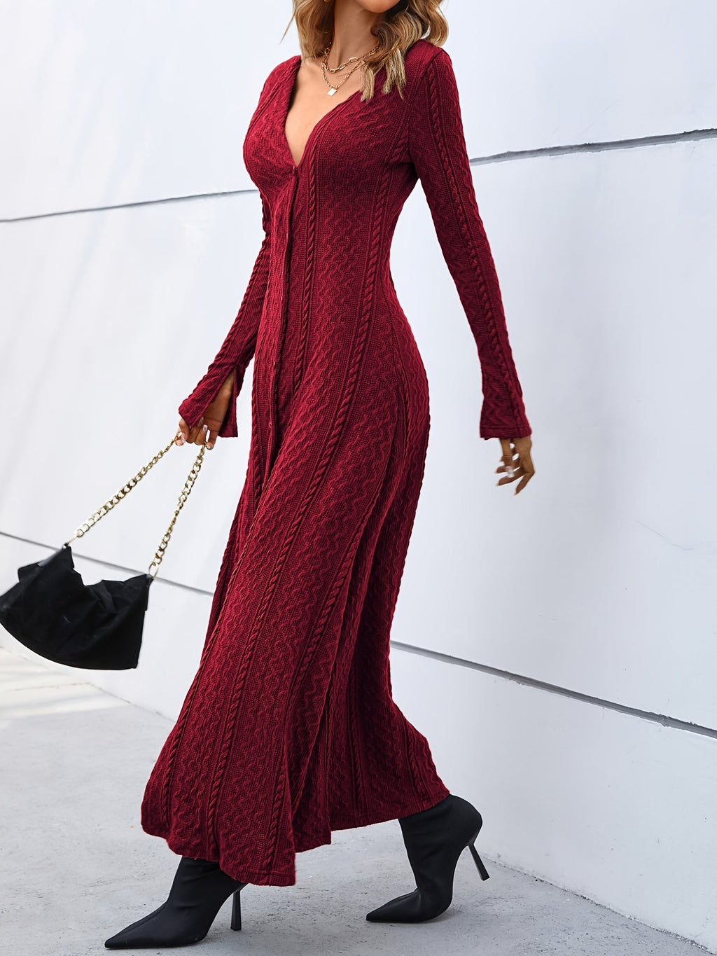 Elegant Buttons Slit Long Dress, Casual Deep V Neck Long Sleeve Waist Long Dresses