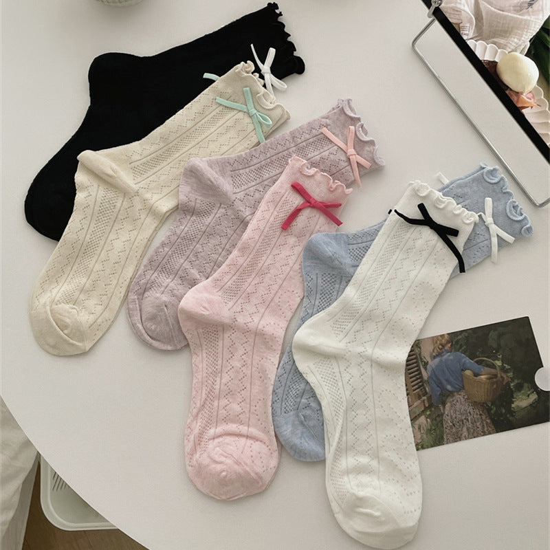 Thin Mesh Solid Color Bow Mid-calf Length Loose Socks Breathable Sweat Absorbing