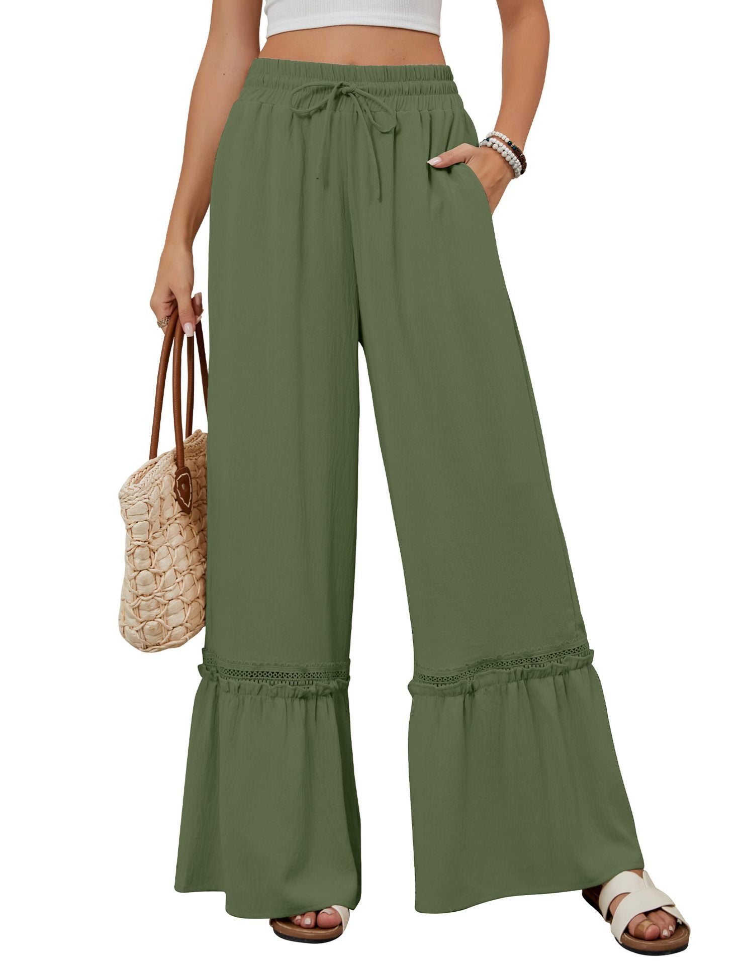 Solid Color High Waist Casual Pants Women's Drawstring Wide Leg Pants