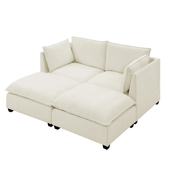 Comfy Cloud Couch Loveseat With 2 Ottoman, Modern Chenille Love Seat Upholstered Modular Couch Sleeper,  Beige White