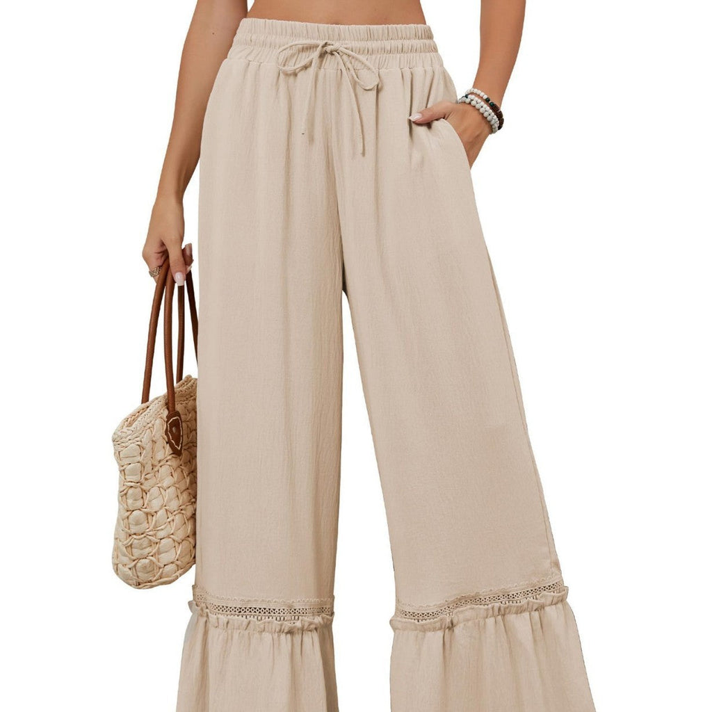 Solid Color High Waist Casual Pants Women's Drawstring Wide Leg Pants