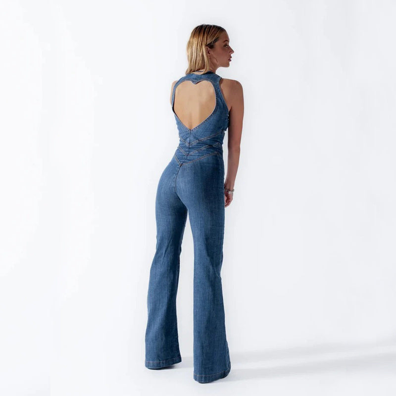 Slim Heart-shape Backless Denim Jumpsuit Women Halter Neck Zip Up High Waist Pants Retro Style Clothing