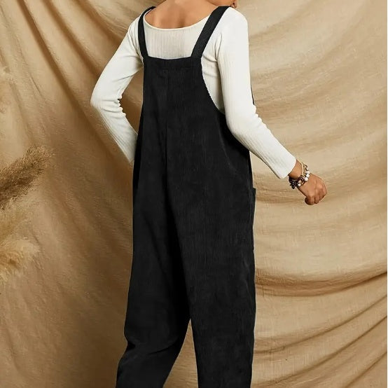 Women's Corduroy Solid Color Long Jumpsuit Basic Style Pocket Strap Adjustable Overalls