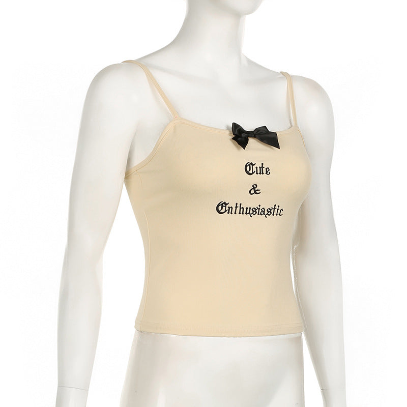 Hottie Bow Stitching Letter Embroidered Strap Slim Top