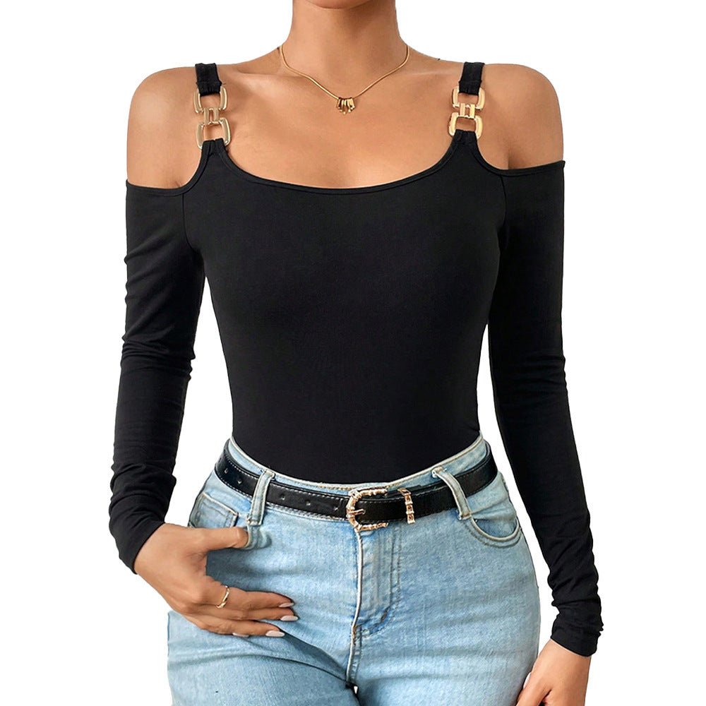 Women's Simple Suspender Off-Shoulder Metal Hook Long-Sleeved Sexy Top