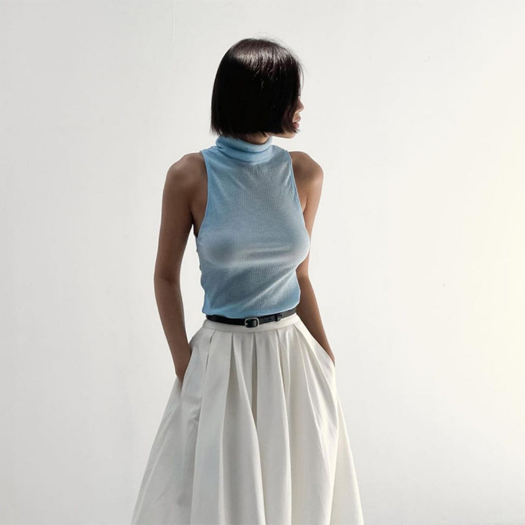 Pile Collar Knitted Sleeveless Micro-transparent Vest Sexy Top