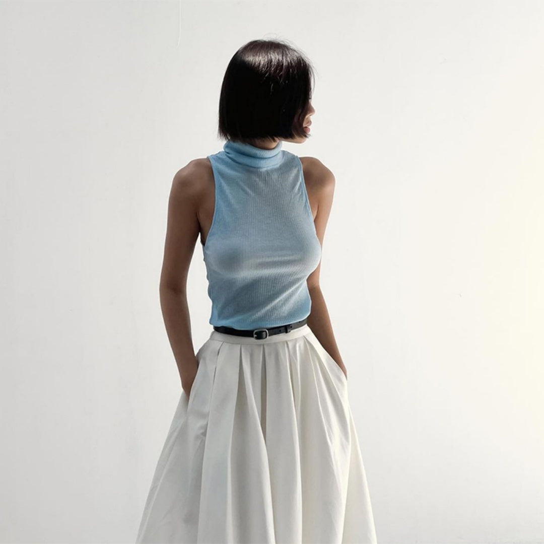 Pile Collar Knitted Sleeveless Micro-transparent Vest Sexy Top