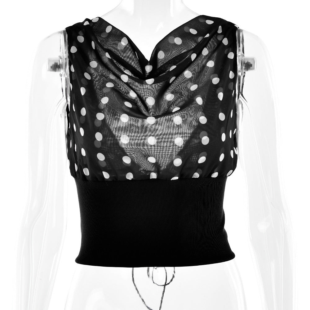 Polka Dots Print Oblique Shoulder Top Summer Patchwork Chiffon Crop Top Women Sexy Sleeveless Lace Up Backless