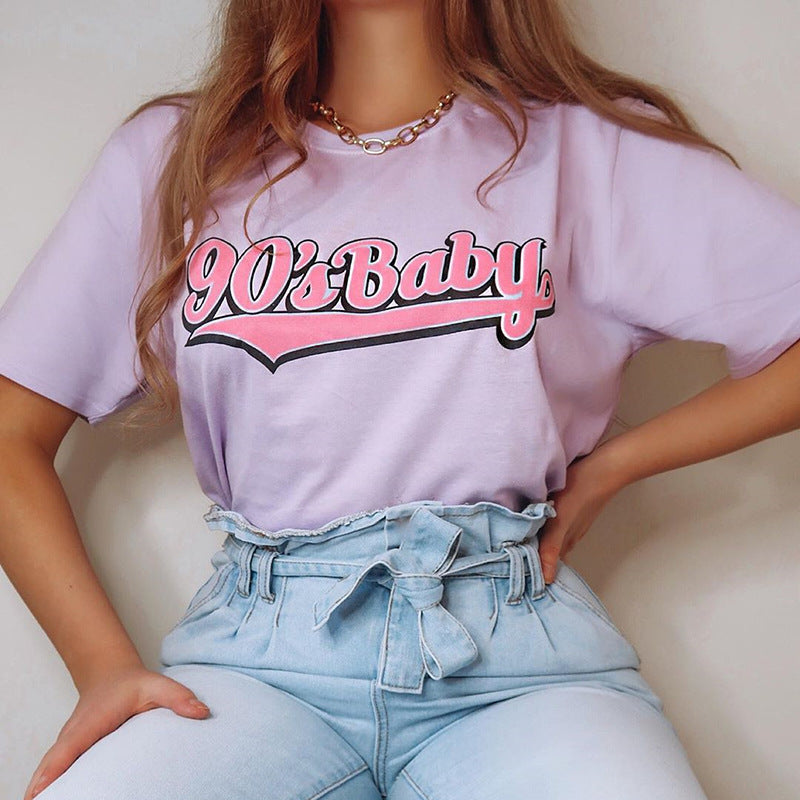 Women's 90's Baby Letter Printing Loose T-shirt Round Neck Street Photo Top