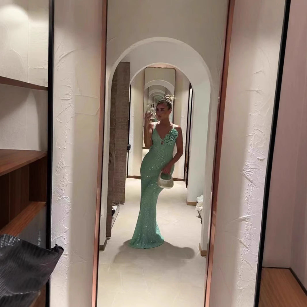 Sequins Dress Deep V-neck Split Sling Backless Dress