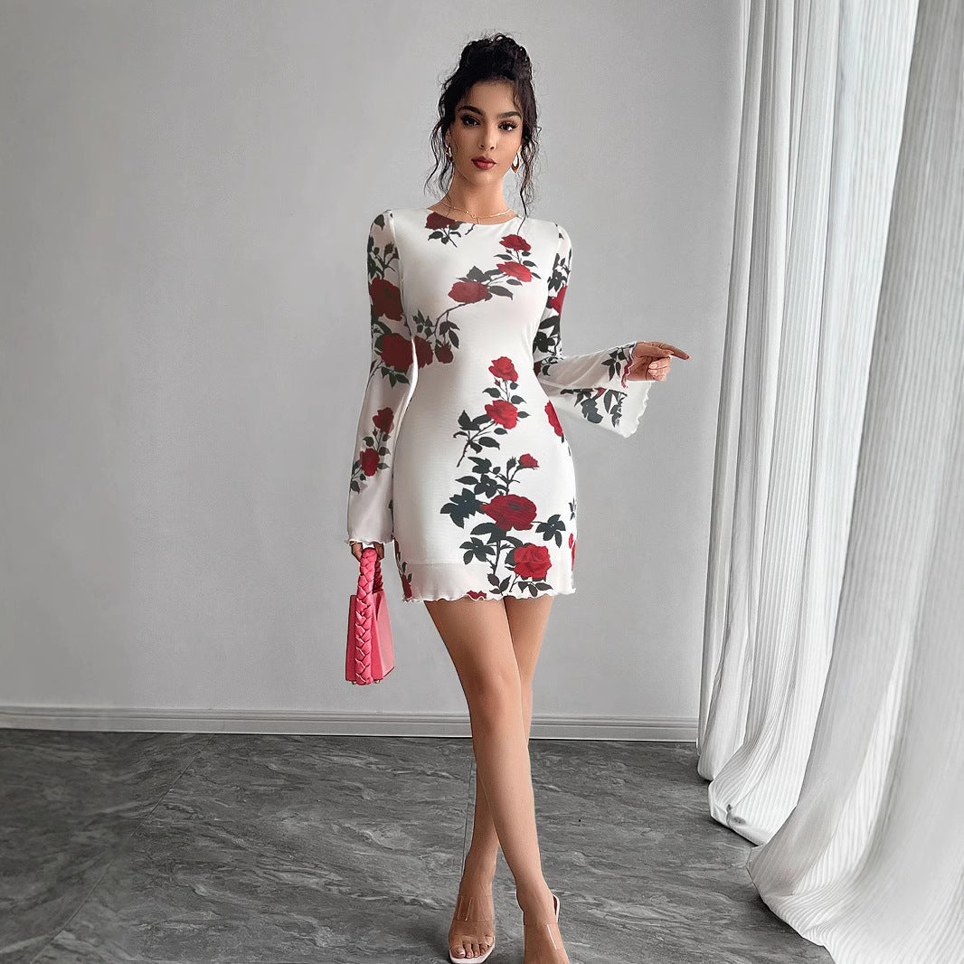 Sexy Floral Backless Gauzy Bell Sleeve Mini Dress
