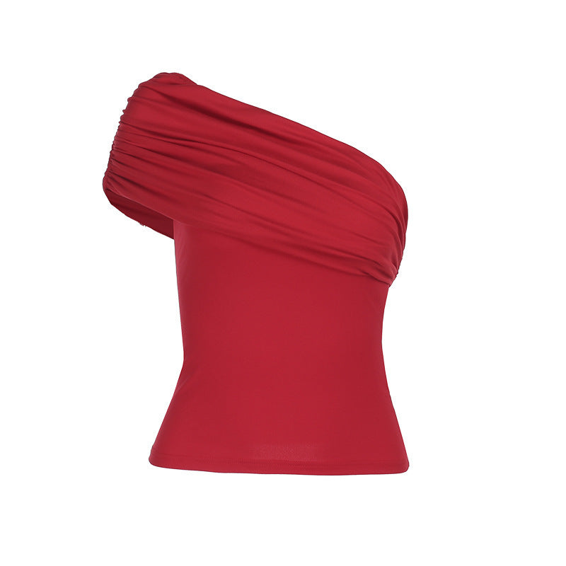 Cloud Sense Oblique Shoulder Fitted Waist Pleated T-shirt